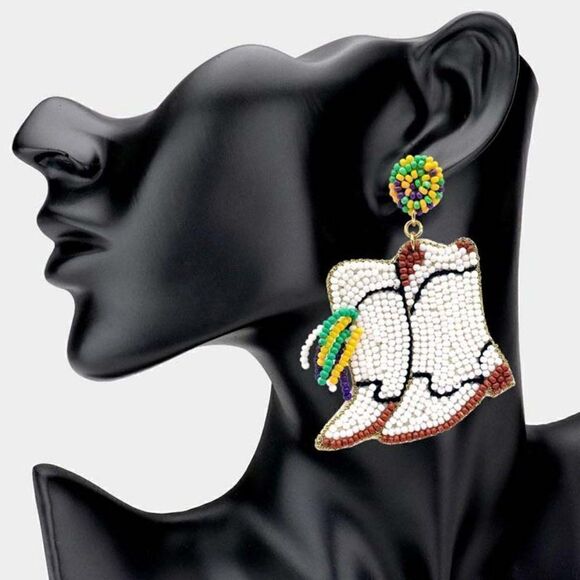 Mardi Gras Beaded Western Boots Dangle Earrings - Picture 1 of 5